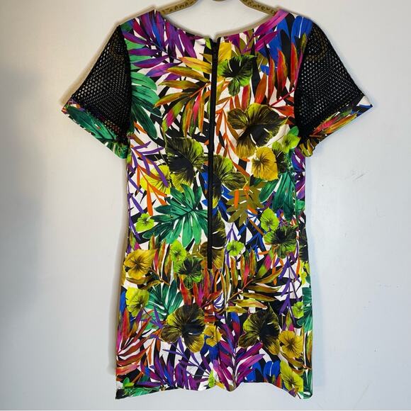 MILLY Multicolor Floral Mesh Detail Exposed Zipper Short Sleeve Dress Size 10 - Picture 7 of 7